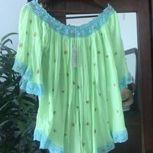 Tunic Yellow neon Embroidered Hippie tassel boho L NWT beachwear
